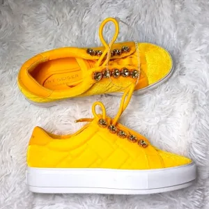 Kurt Geiger London Yellow Quilted Jewel Embelished Platform Sneakers EU 38 NEW