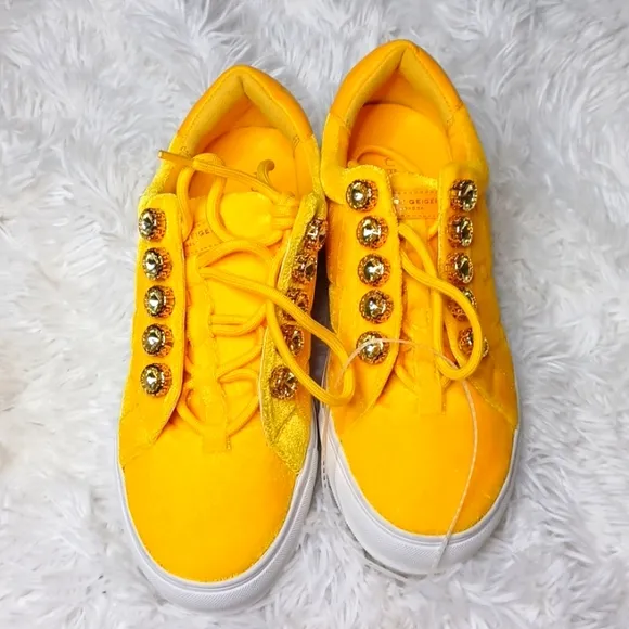 Kurt Geiger London Yellow Quilted Jewel Embelished Platform Sneakers EU 38 NEW