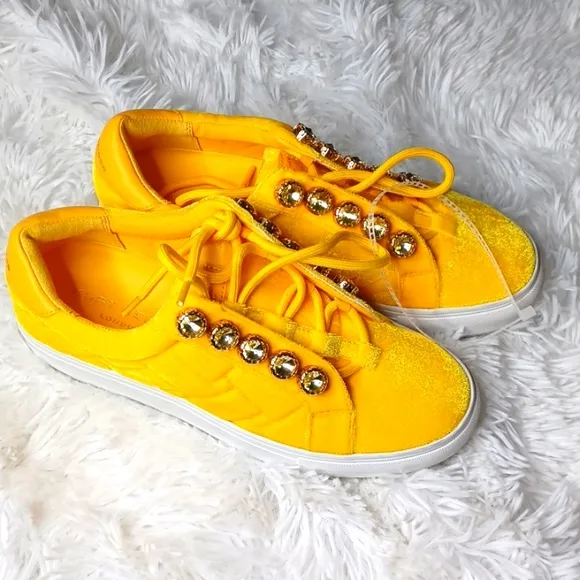 Kurt Geiger London Yellow Quilted Jewel Embelished Platform Sneakers EU 38 NEW