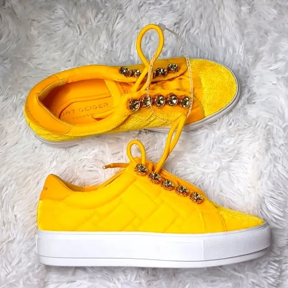 Kurt Geiger London Yellow Quilted Jewel Embelished Platform Sneakers EU 38 NEW
