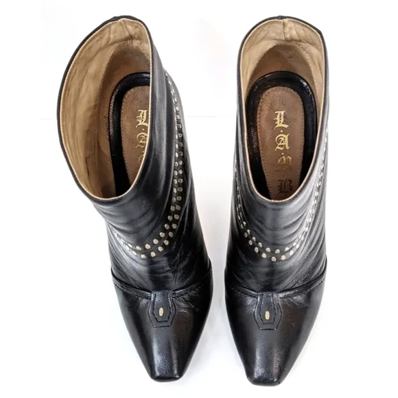L.a.m.b. Jaycee Black Leather Studded Stiletto Ankle Boots 8.5