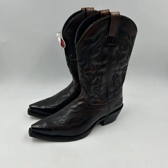 laredo mens 8.5D burnished brown fancy stitch snip toe cowboy boots NWT