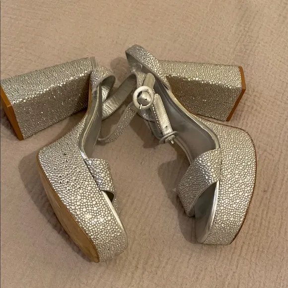 LARROUDE Silver Platform Block Heel Sandals . Size 8