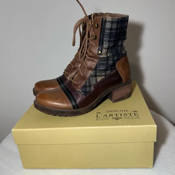 L’Artiste by Spring Step Ankle Boots Leather and Plaid Women’s Size 7.5 (38)