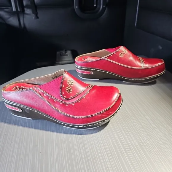 L'Artiste‎ By Spring Step Red Chino Leather Slip On Clogs Shoes 42 US 10.5-11