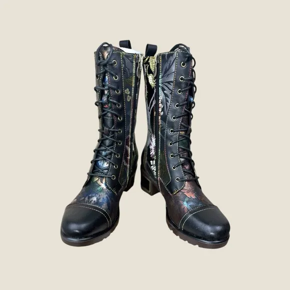 L’ARTISTE EU size 37 NWB Spring Step‎ black floral heeled side zipper boots