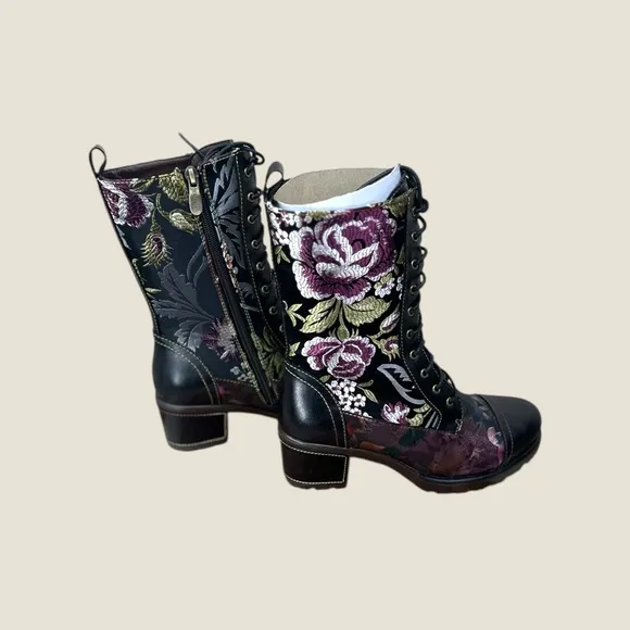 L’ARTISTE EU size 37 NWB Spring Step‎ black floral heeled side zipper boots