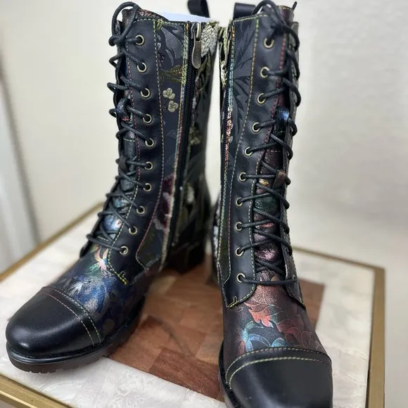 L’ARTISTE EU size 37 NWB Spring Step‎ black floral heeled side zipper boots