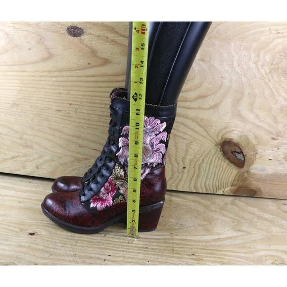 L'Artiste Spring Step 10 Boots Casandra Tapestry Floral Mid Calf Lace Up Shoes