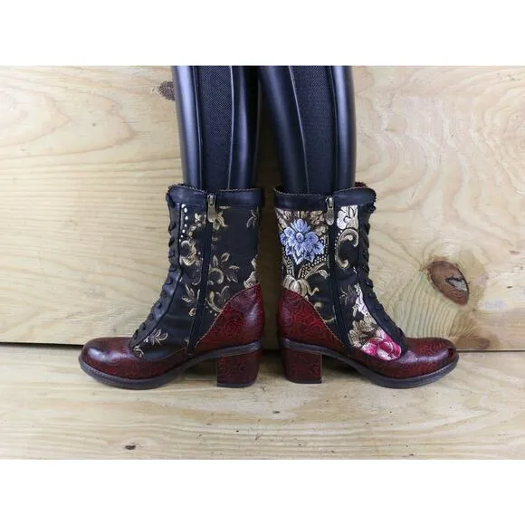 L'Artiste Spring Step 10 Boots Casandra Tapestry Floral Mid Calf Lace Up Shoes