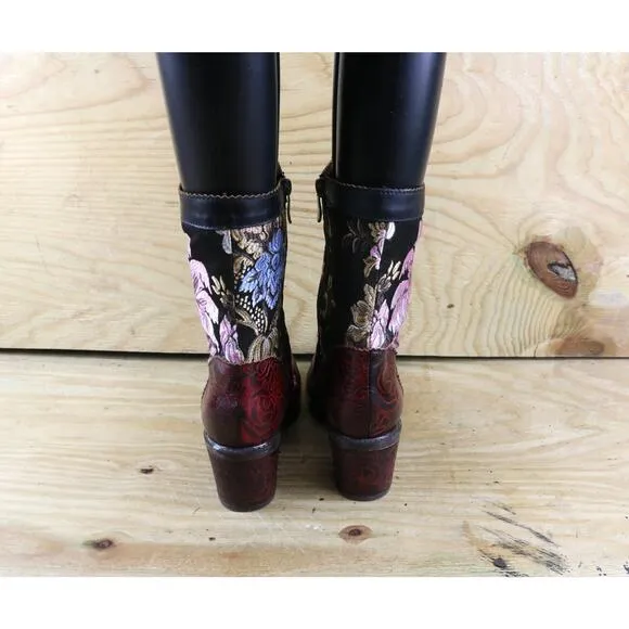 L'Artiste Spring Step 10 Boots Casandra Tapestry Floral Mid Calf Lace Up Shoes