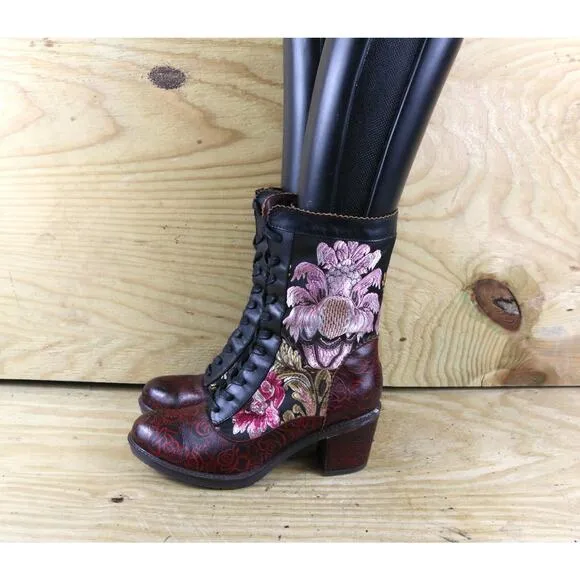 L'Artiste Spring Step 10 Boots Casandra Tapestry Floral Mid Calf Lace Up Shoes