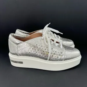 Linea Paolo platform triple decker silver cracked metal women’s sneakers