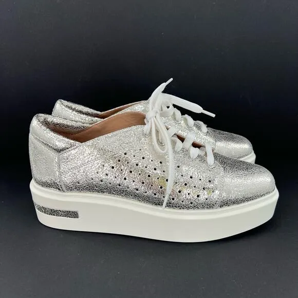 Linea Paolo platform triple decker silver cracked metal women’s sneakers