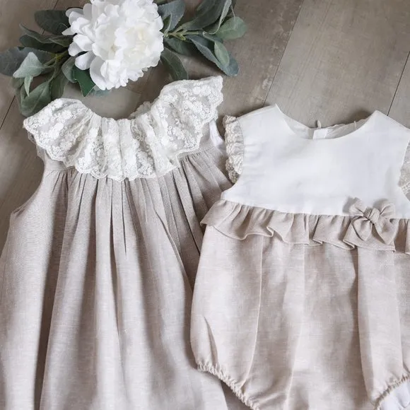 Linen Romper Baby Boy Boutique Flax/Khaki Button Tab Portrait Vacation NWT