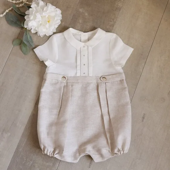 Linen Romper Baby Boy Boutique Flax/Khaki Button Tab Portrait Vacation NWT