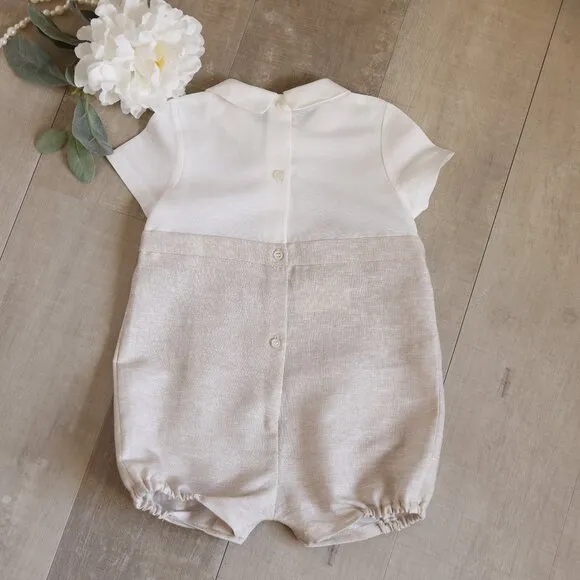 Linen Romper Baby Boy Boutique Flax/Khaki Button Tab Portrait Vacation NWT
