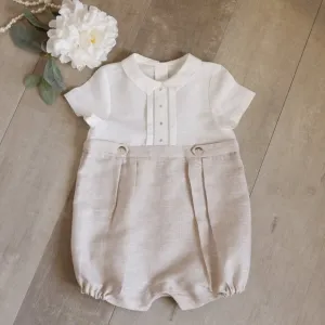 Linen Romper Baby Boy Boutique Flax/Khaki Button Tab Portrait Vacation NWT