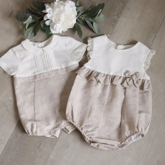 Linen Romper Baby Boy Boutique Flax/Khaki Button Tab Portrait Vacation NWT