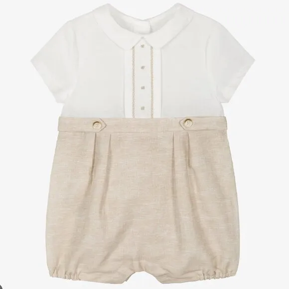 Linen Romper Baby Boy Boutique Flax/Khaki Button Tab Portrait Vacation NWT