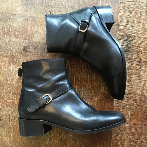 LK Bennett Kaitlyn Black Leather Ankle Boot Womens 38 (7.5-8) Zip Up Low Heel