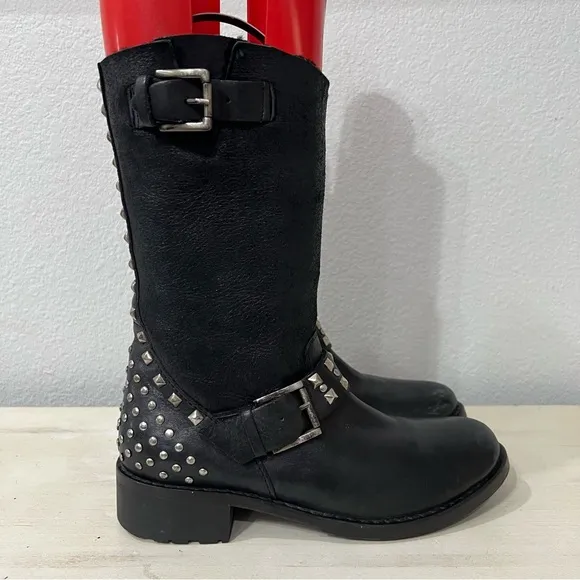 Lola Cruz Black Leather Studded Harness Boots