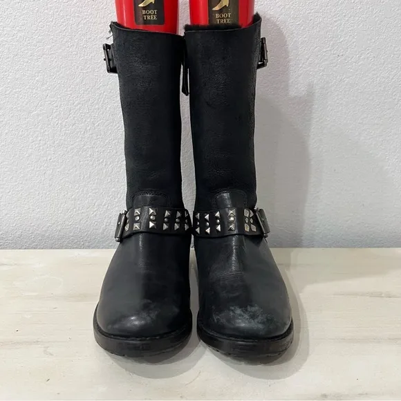 Lola Cruz Black Leather Studded Harness Boots