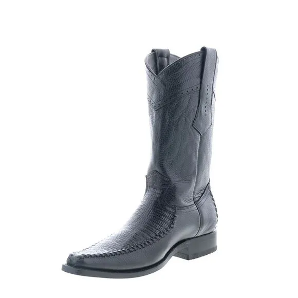 Los Altos Mens Square Toe Teju Lizard Deer Stitch Black Boots (NWT)
