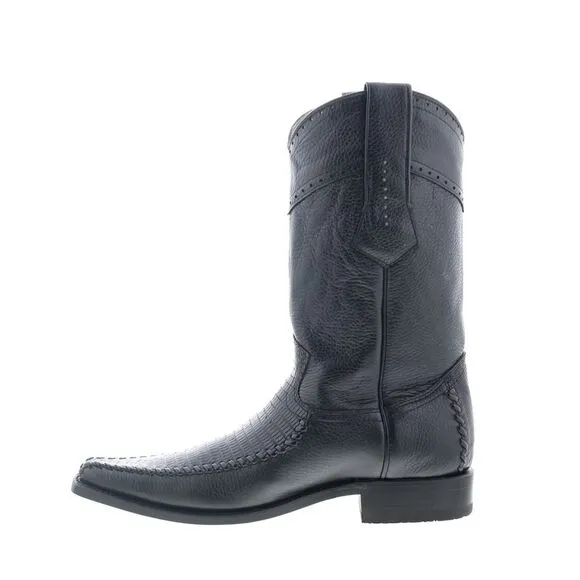 Los Altos Mens Square Toe Teju Lizard Deer Stitch Black Boots (NWT)