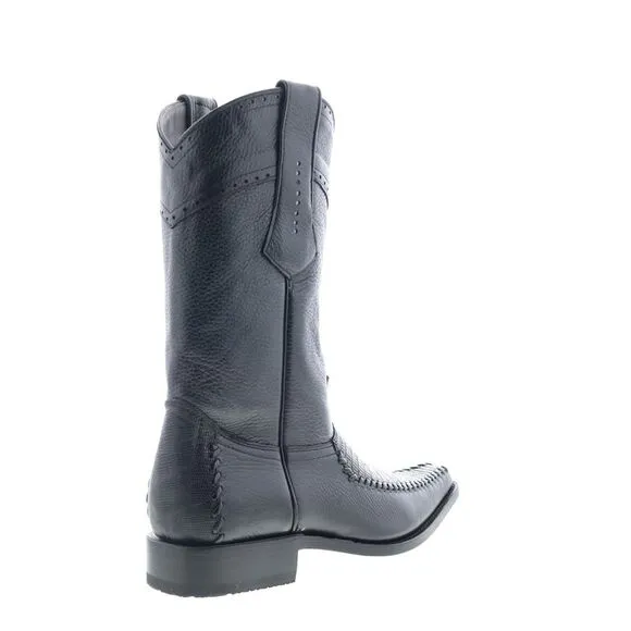 Los Altos Mens Square Toe Teju Lizard Deer Stitch Black Boots (NWT)