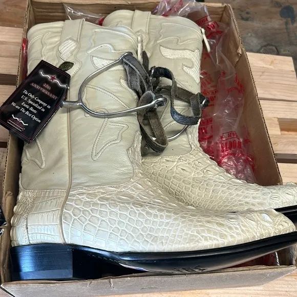 LOS ALTOS NILE HORN CROC COWBOY J-TOE BOOTS WHITE-BEIGE COLOR SIZE 11.5 EE