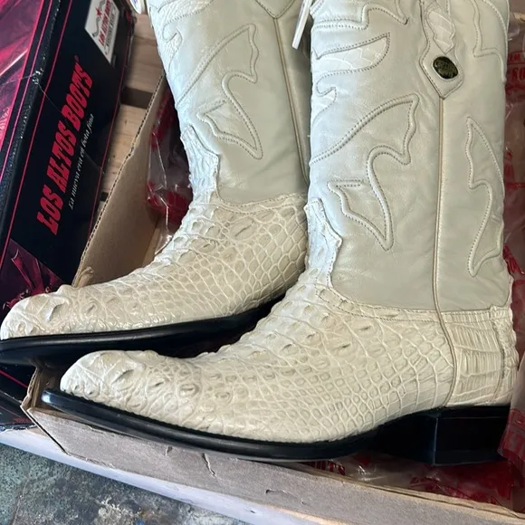 LOS ALTOS NILE HORN CROC COWBOY J-TOE BOOTS WHITE-BEIGE COLOR SIZE 11.5 EE