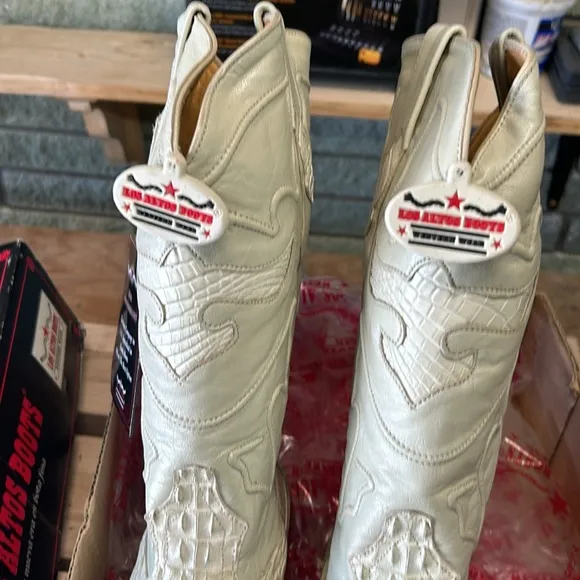 LOS ALTOS NILE HORN CROC COWBOY J-TOE BOOTS WHITE-BEIGE COLOR SIZE 11.5 EE