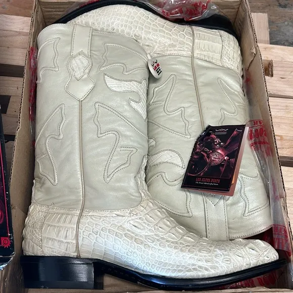 LOS ALTOS NILE HORN CROC COWBOY J-TOE BOOTS WHITE-BEIGE COLOR SIZE 11.5 EE