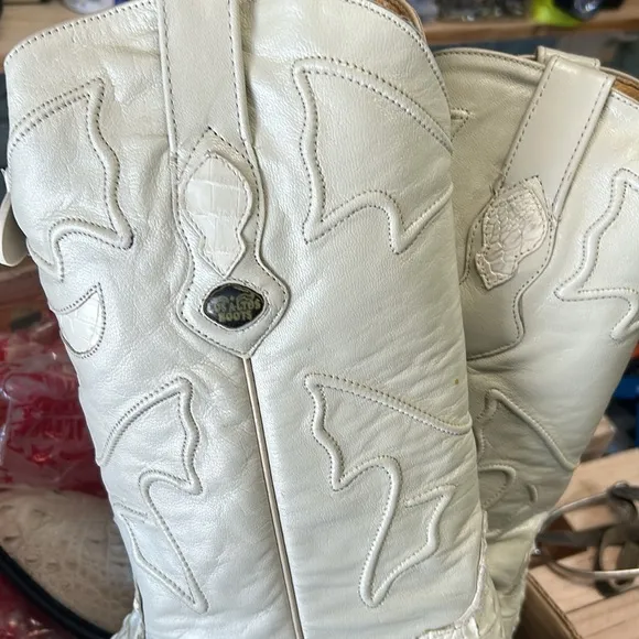 LOS ALTOS NILE HORN CROC COWBOY J-TOE BOOTS WHITE-BEIGE COLOR SIZE 11.5 EE
