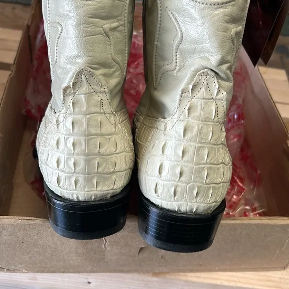 LOS ALTOS NILE HORN CROC COWBOY J-TOE BOOTS WHITE-BEIGE COLOR SIZE 11.5 EE