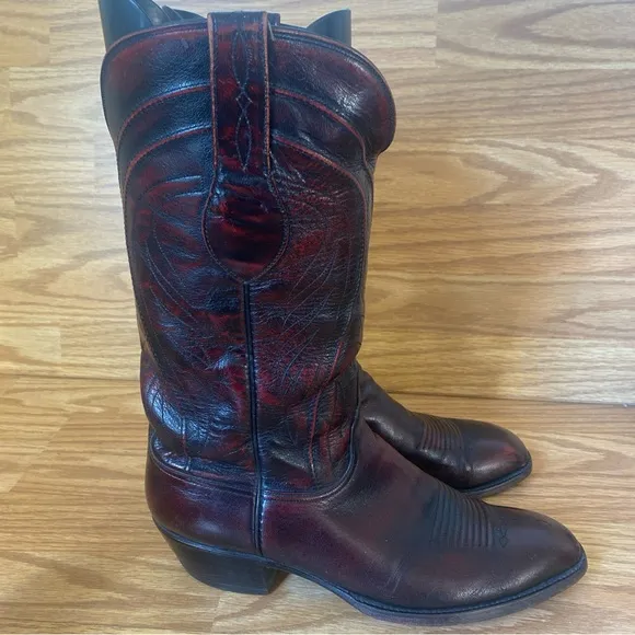 Lucchese L660814 Men's Black Cherry Leather French Toe Cowboy Boots 10 D VTG USA