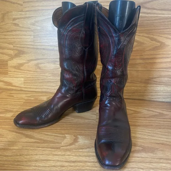 Lucchese L660814 Men's Black Cherry Leather French Toe Cowboy Boots 10 D VTG USA