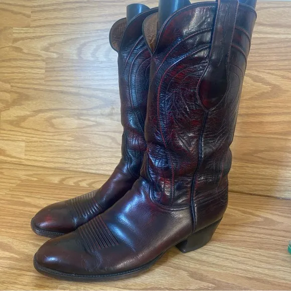 Lucchese L660814 Men's Black Cherry Leather French Toe Cowboy Boots 10 D VTG USA
