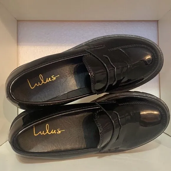 Lulus Black Patent Leather Platform Loafers Slip On Shoes