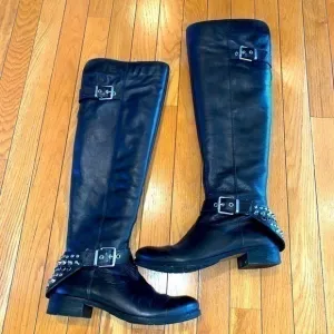 LUXURY REBEL LUNA Black Leather Over The Knee Boots Shoes Women's Sz 36.5 Studs