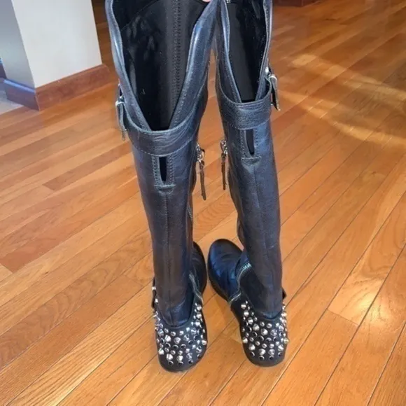 LUXURY REBEL LUNA Black Leather Over The Knee Boots Shoes Women's Sz 36.5 Studs