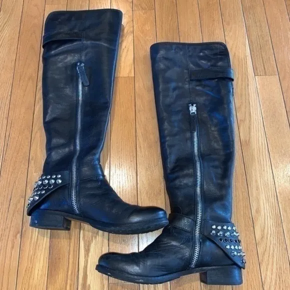 LUXURY REBEL LUNA Black Leather Over The Knee Boots Shoes Women's Sz 36.5 Studs