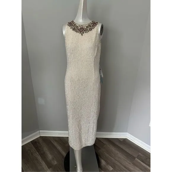 MAC DUGGAL FULLY SEQUINED JEWELED HIGH NECK FITTED DRESS