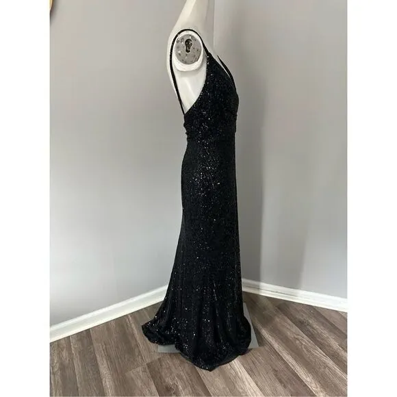 MAC DUGGAL SEQUINED DRAPED V NECK GOWN