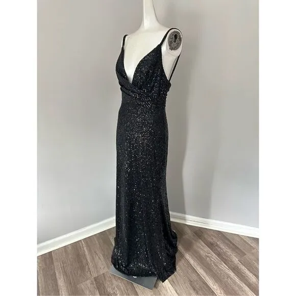 MAC DUGGAL SEQUINED DRAPED V NECK GOWN
