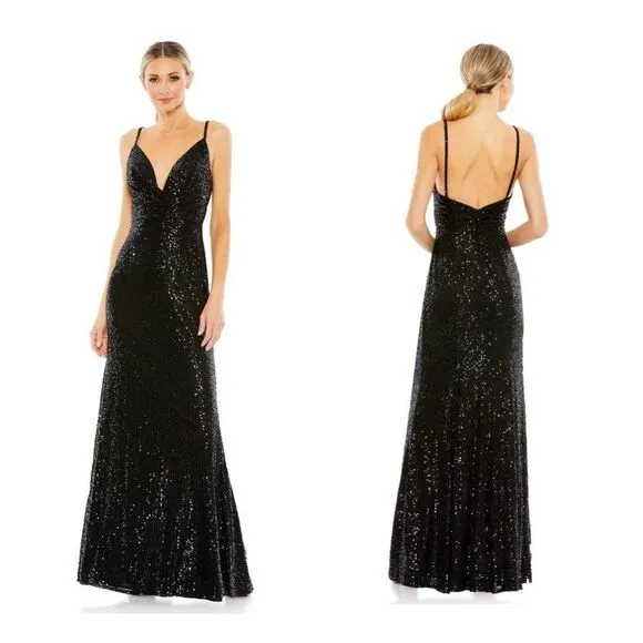 MAC DUGGAL SEQUINED DRAPED V NECK GOWN