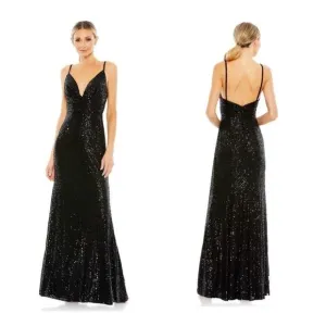 MAC DUGGAL SEQUINED DRAPED V NECK GOWN