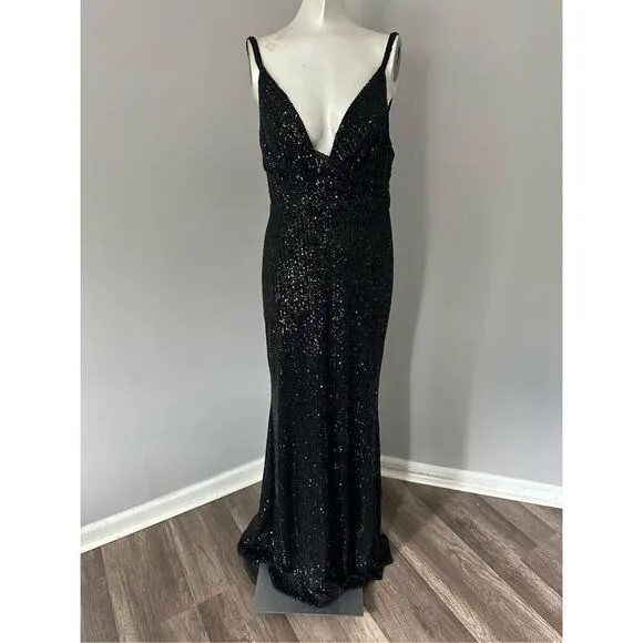 MAC DUGGAL SEQUINED DRAPED V NECK GOWN