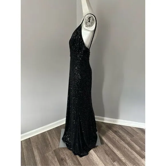 MAC DUGGAL SEQUINED DRAPED V NECK GOWN